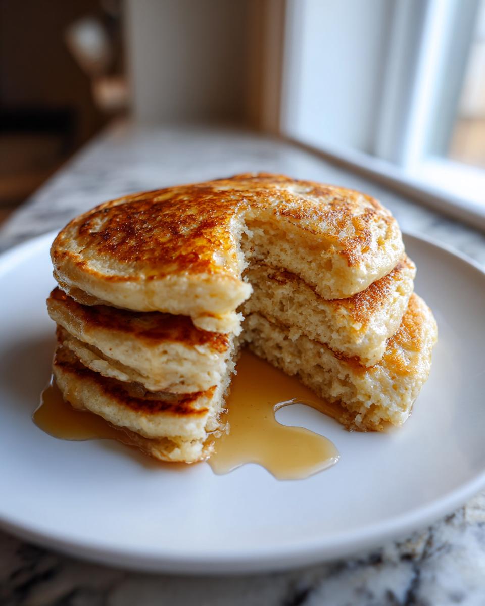 A stack of four fluffy coconut flour pancakes with a slice cut out, drizzled with maple syrup on a white plate.