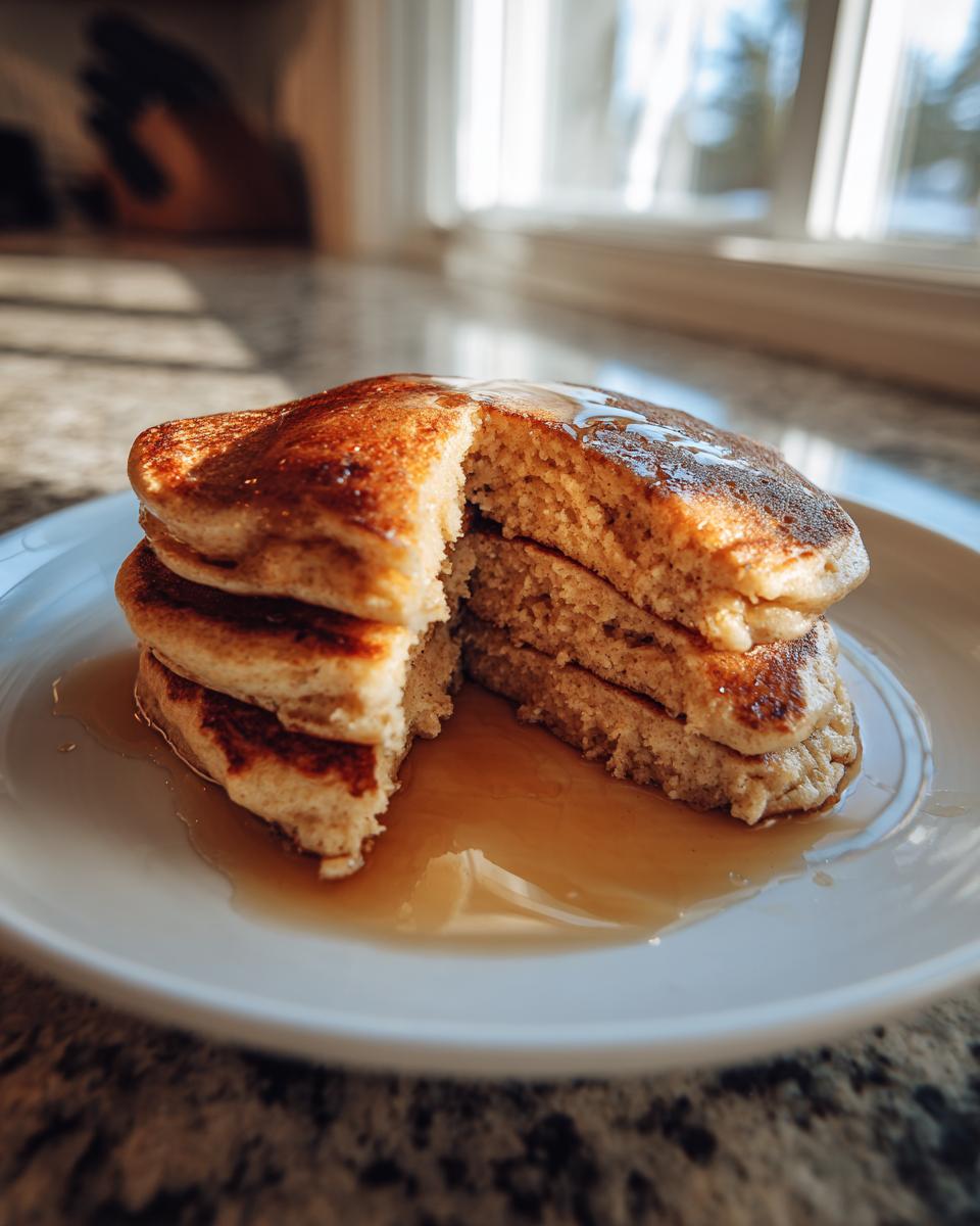 A stack of three fluffy coconut flour pancakes, cut open to show the texture, drizzled with syrup.