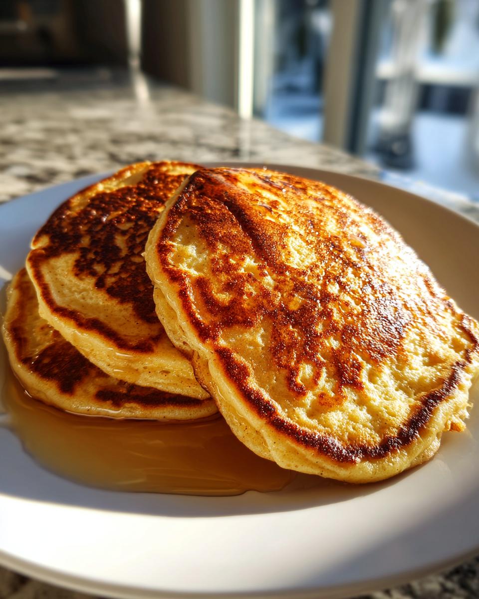 A stack of three golden-brown coconut flour pancakes drizzled with maple syrup on a white plate.