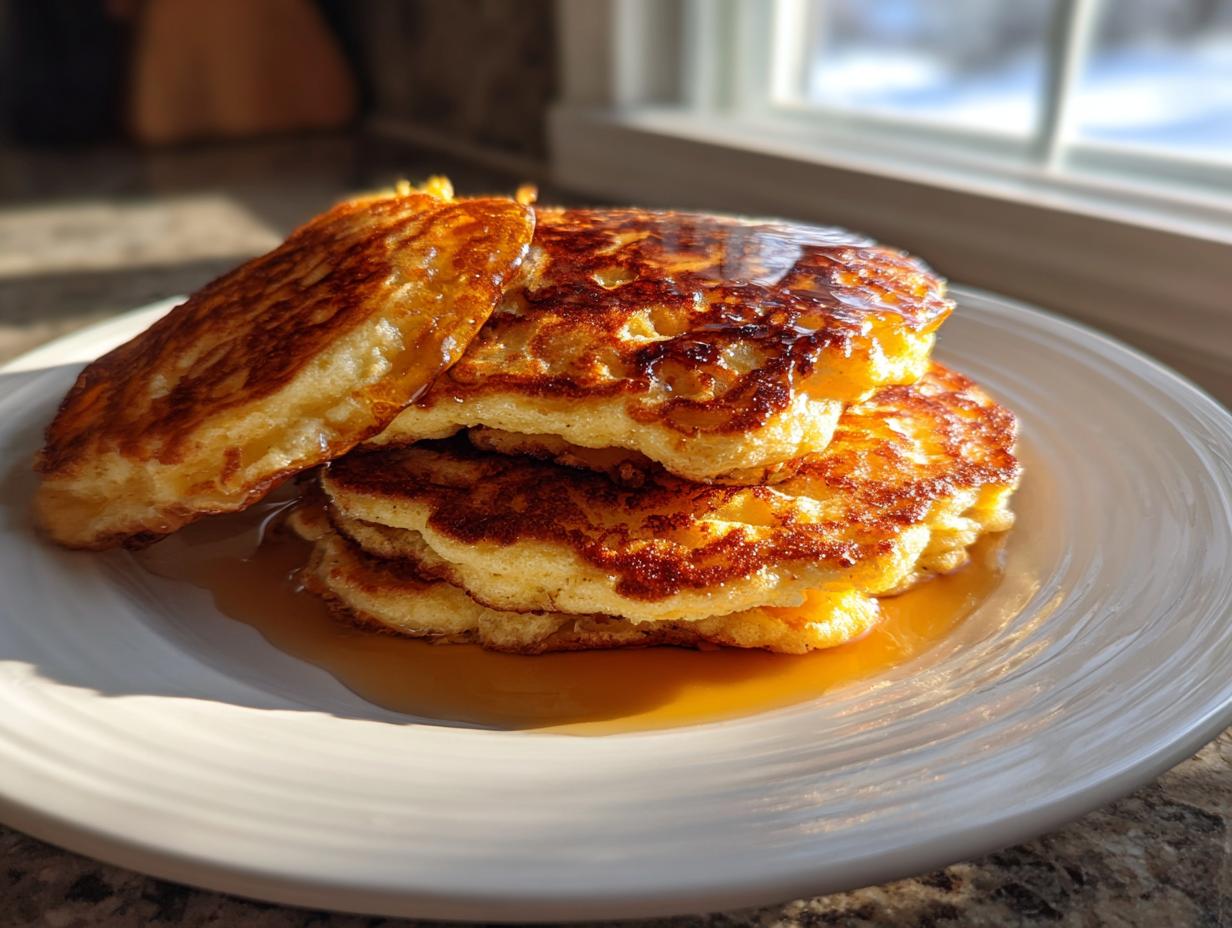 A stack of three golden-brown coconut flour pancakes drizzled with maple syrup, sitting on a white plate near a sunlit window.