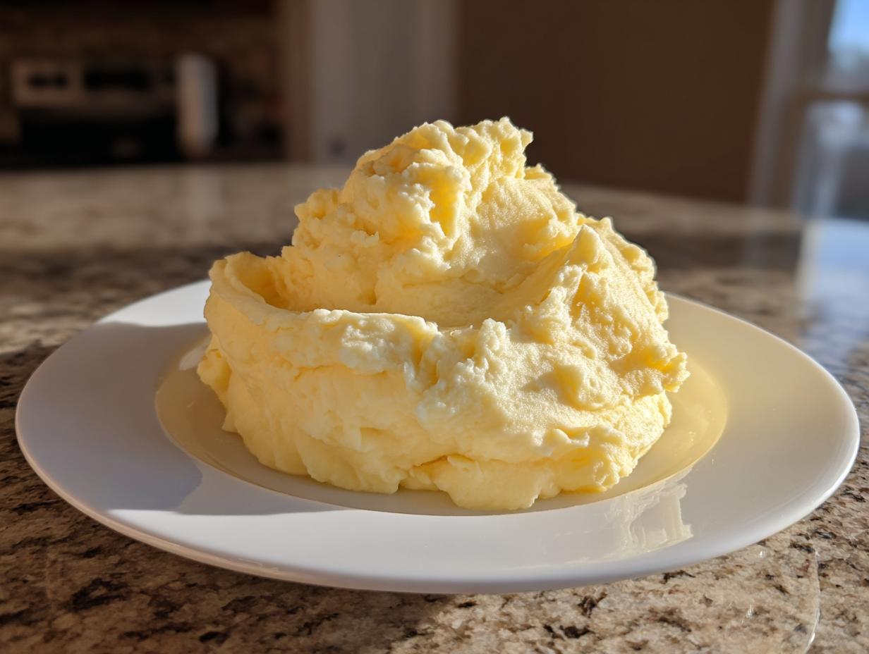 A generous mound of creamy, yellow mashed potatoes served on a white plate, highlighted by sunlight.