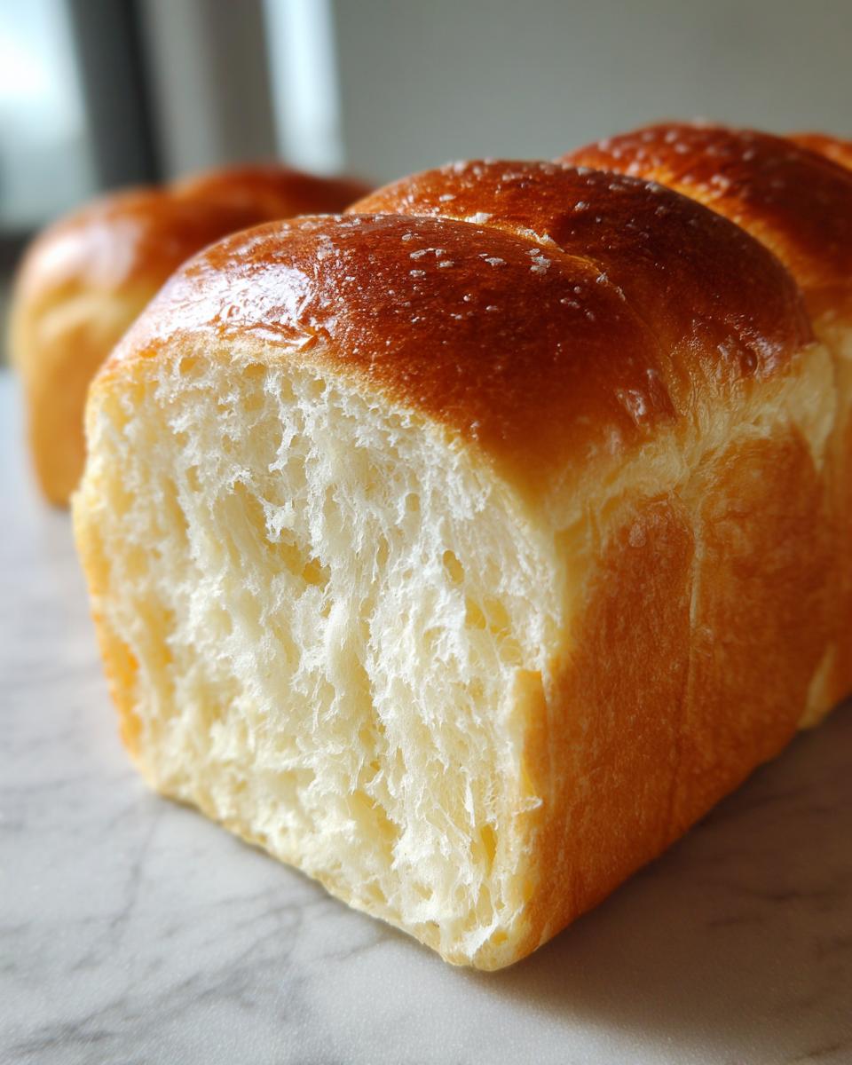 Close-up cross-section showing the incredibly soft, fluffy crumb texture of freshly baked japanese milk bread.