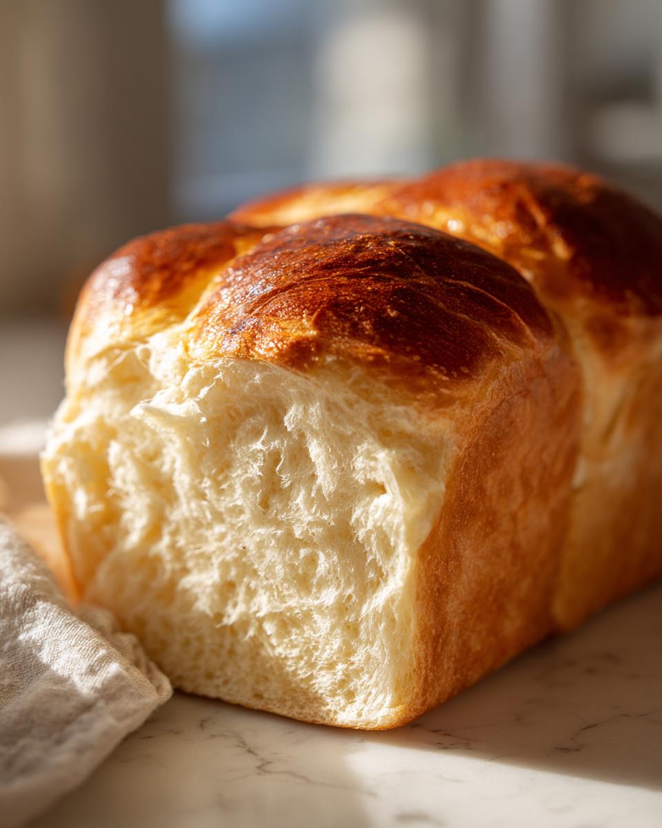 Close-up of a freshly baked japanese milk bread loaf showing its incredibly soft, white interior and shiny, golden-brown top.