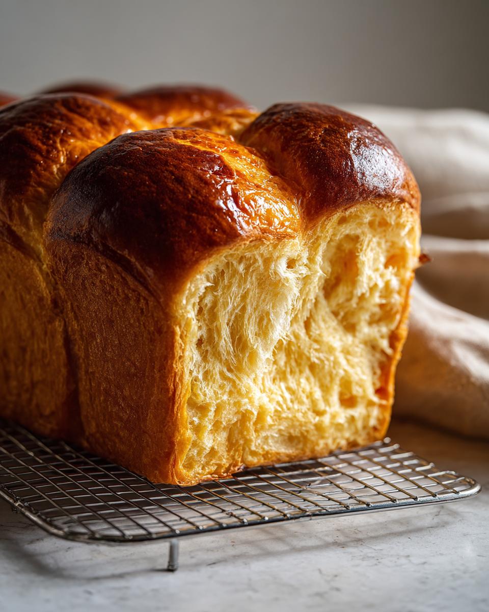 Close-up of a freshly baked Japanese milk bread loaf showing its incredibly soft, shredded interior texture.