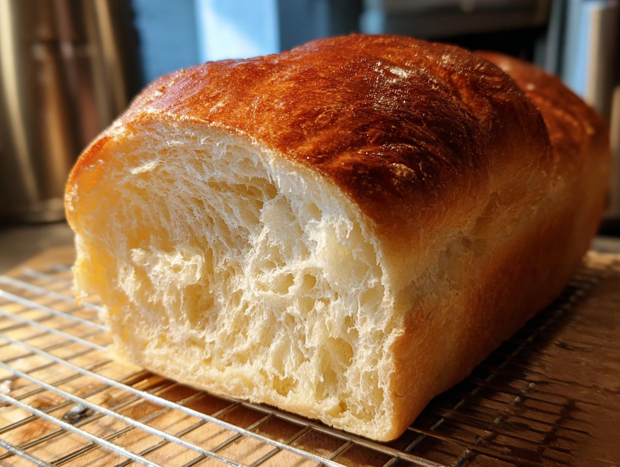 Close-up of a freshly baked japanese milk bread loaf showing its incredibly soft, fluffy, and white interior crumb.