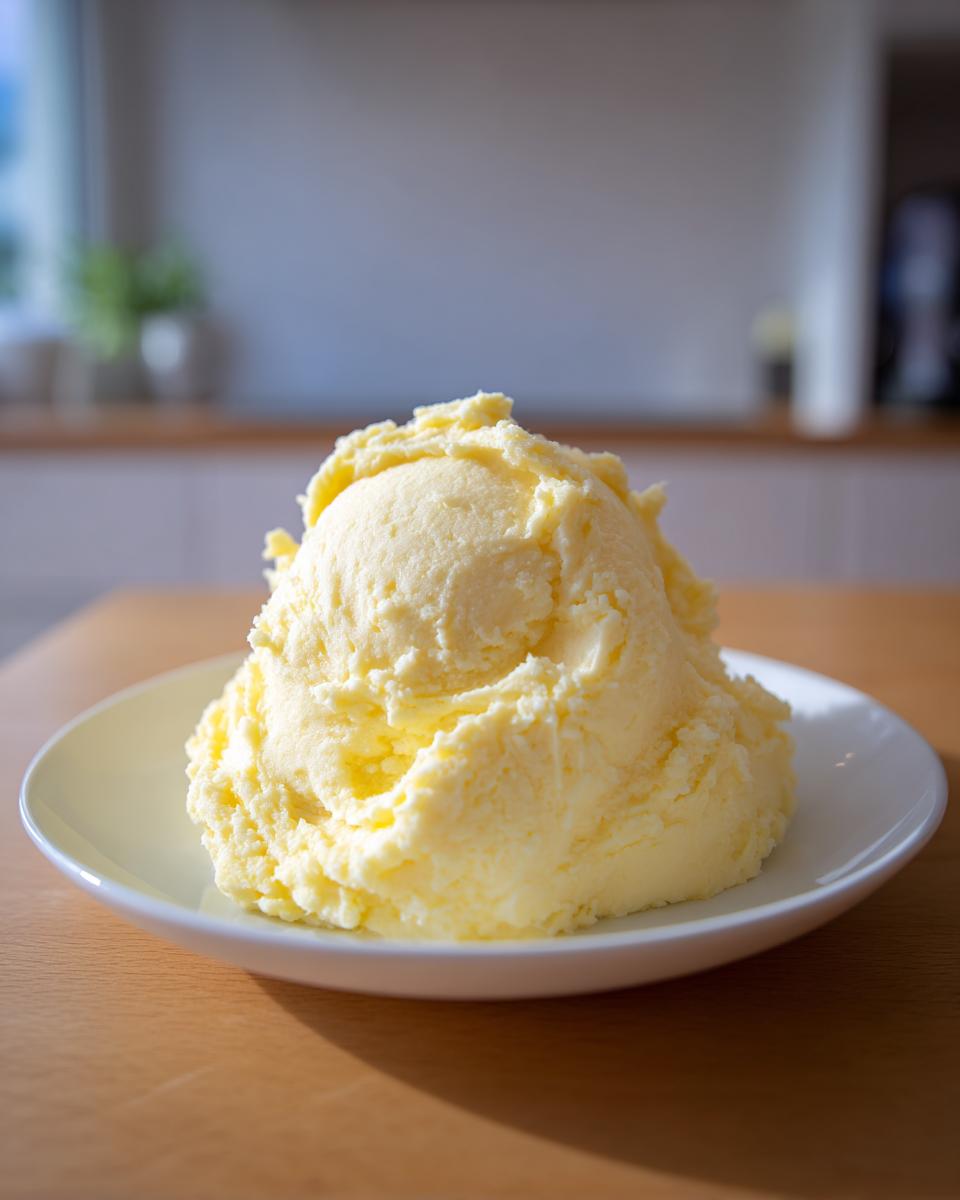 A generous scoop of incredibly fluffy, yellow mashed potatoes served on a white plate.