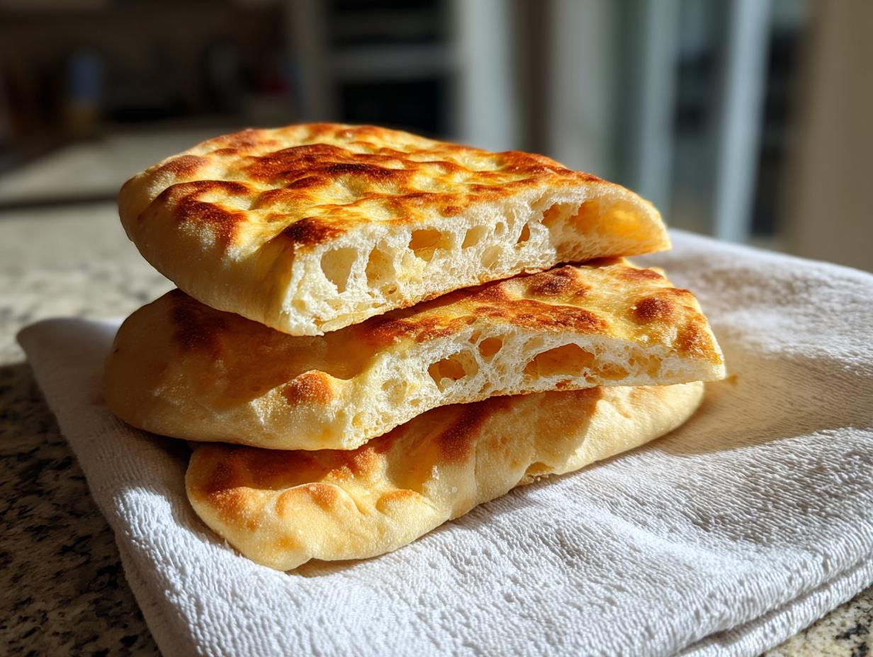 A stack of three fluffy homemade pita bread rounds, one cut open to show the airy interior pockets.