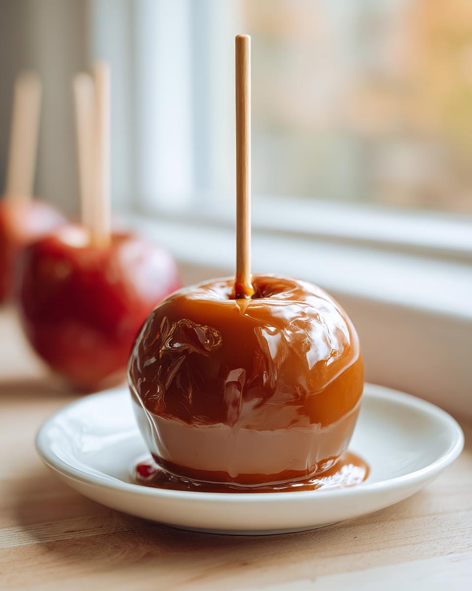 A close-up of a glossy, homemade caramel apple sitting on a white saucer, with more caramel apples blurred in the background.