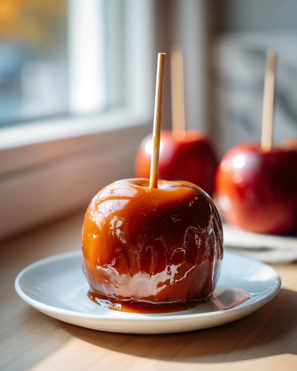 A close-up of a glossy, homemade caramel apple on a small white plate, with more caramel apples blurred in the background.