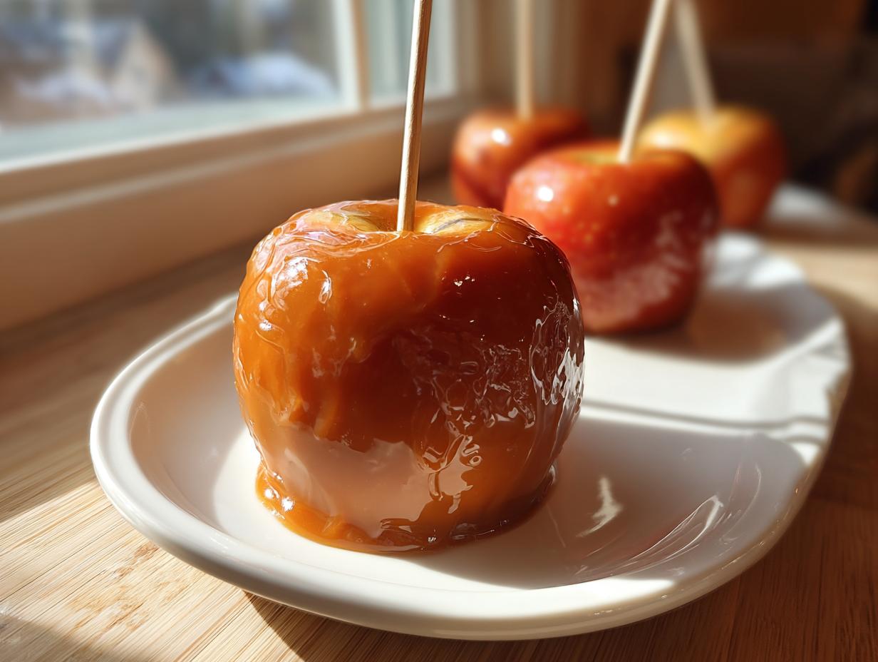 Close-up of a glossy, homemade caramel apple on a white plate, with more caramel apples blurred in the background.