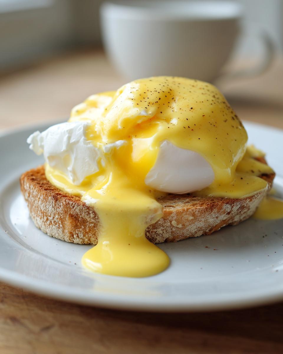 Close-up of Eggs Benedict topped with rich, yellow hollandaise sauce dripping onto a slice of toast.