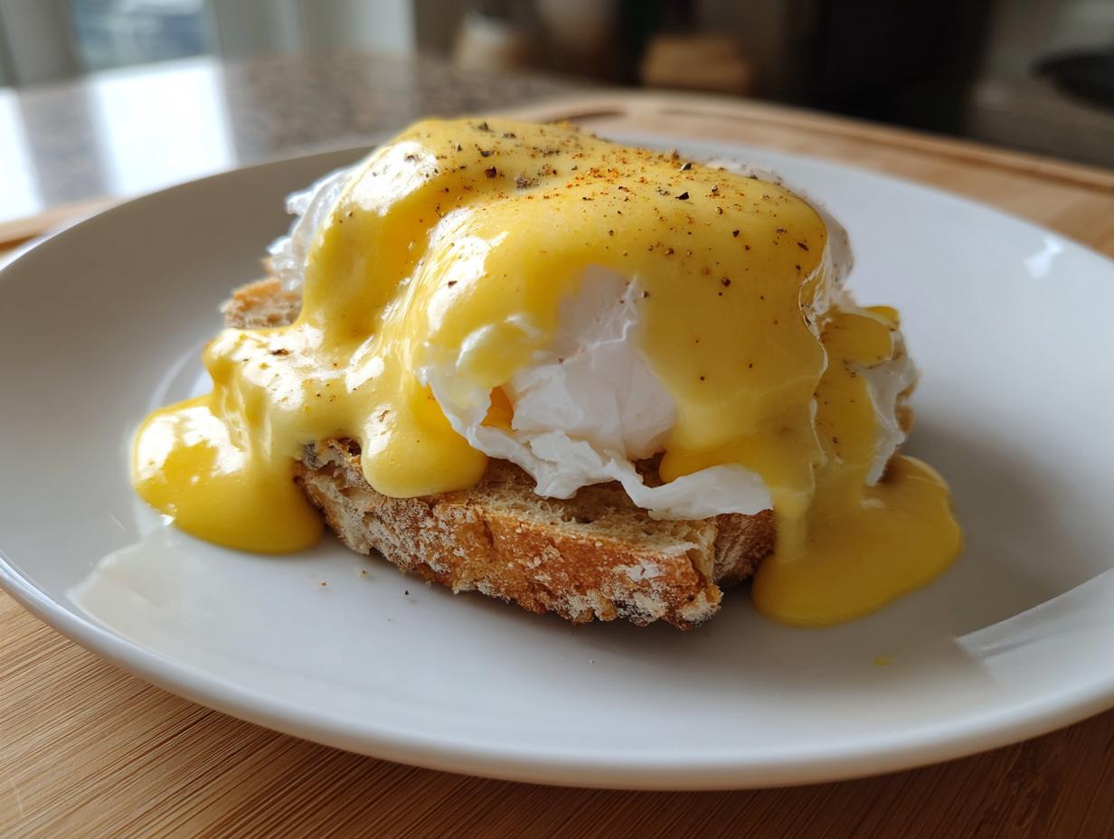 A poached egg generously covered in rich, yellow hollandaise sauce, served on toast.