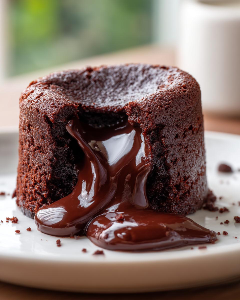 Close-up of a rich, dark chocolate lava cake with molten center pouring out onto a white plate.