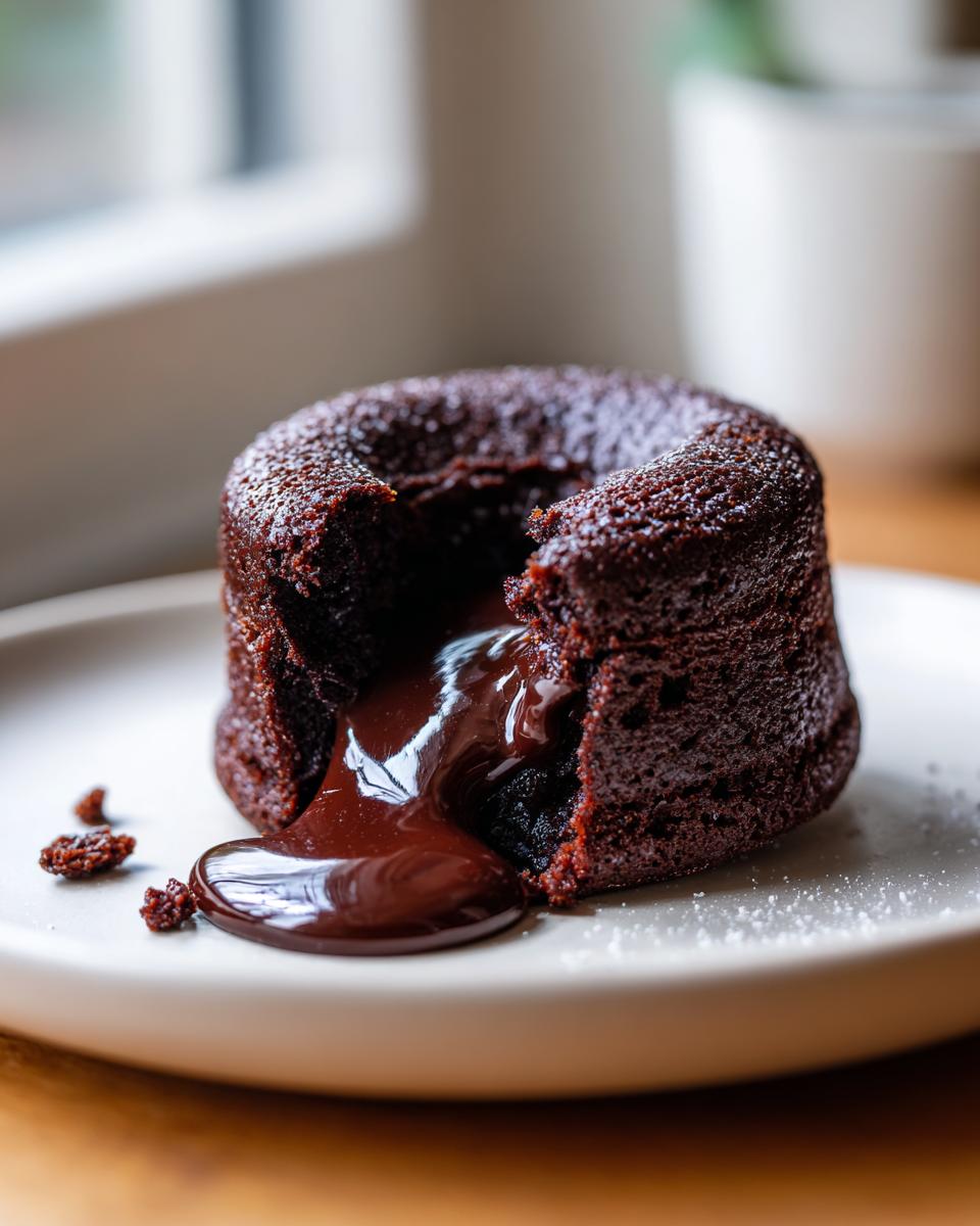 Close-up of a freshly baked chocolate lava cake with the molten center oozing onto a white plate.