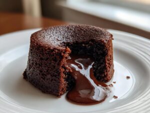 A rich, dark chocolate lava cake with a piece removed, showing the molten chocolate center flowing onto a white plate.