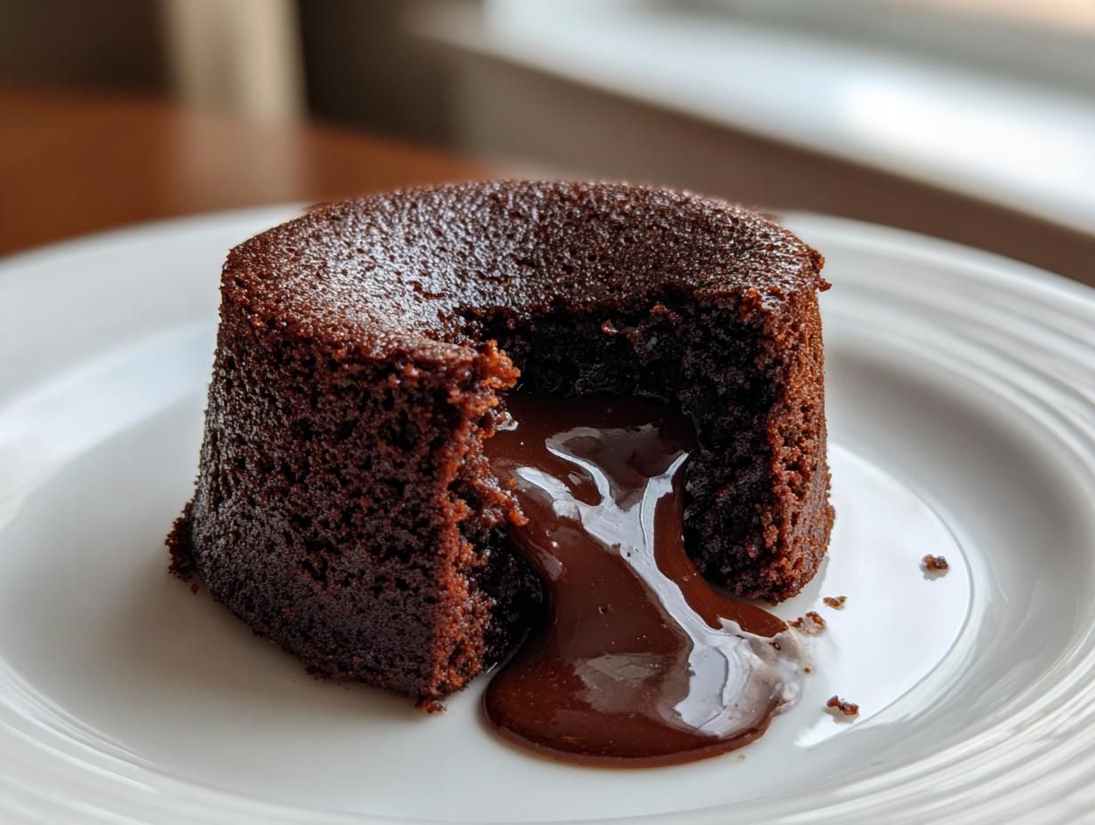 A rich, dark chocolate lava cake with a piece removed, showing the molten chocolate center flowing onto a white plate.