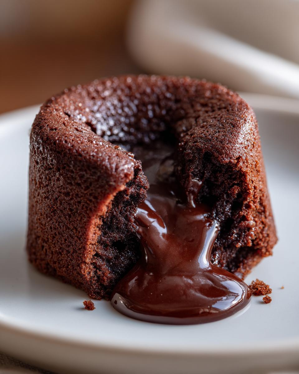 Close-up of a warm chocolate lava cake with molten center oozing out onto a white plate.