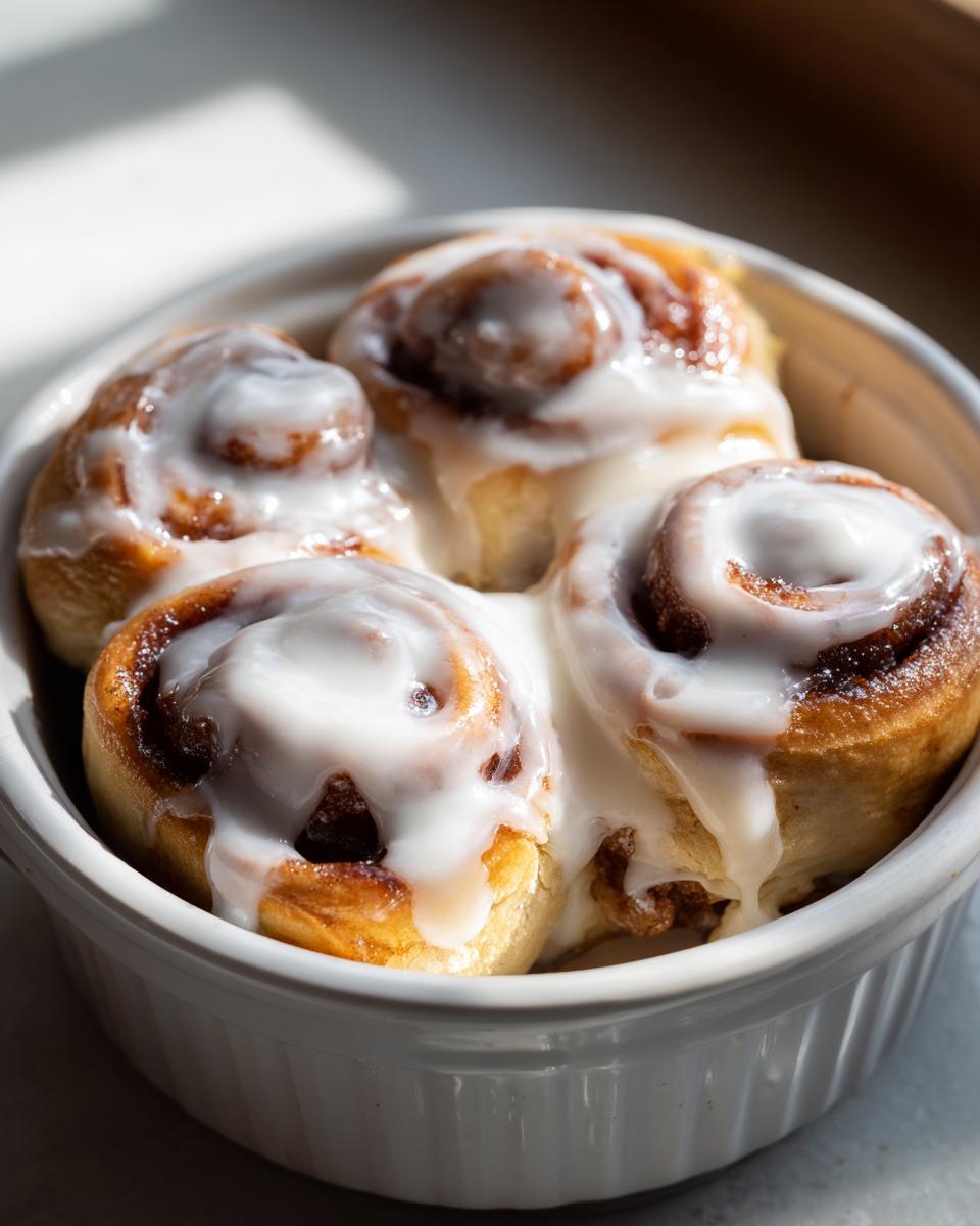 Four freshly baked small batch cinnamon rolls covered in thick white icing, nestled in a white baking dish.