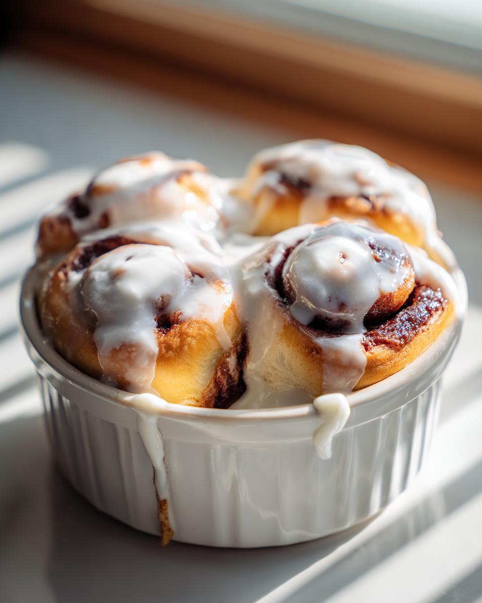 Four freshly baked small batch cinnamon rolls covered in thick white icing, served in a white ramekin.