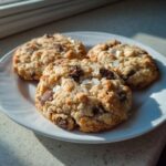 Three golden brown almond joy cookies studded with chocolate chips and coconut flakes resting on a white plate.