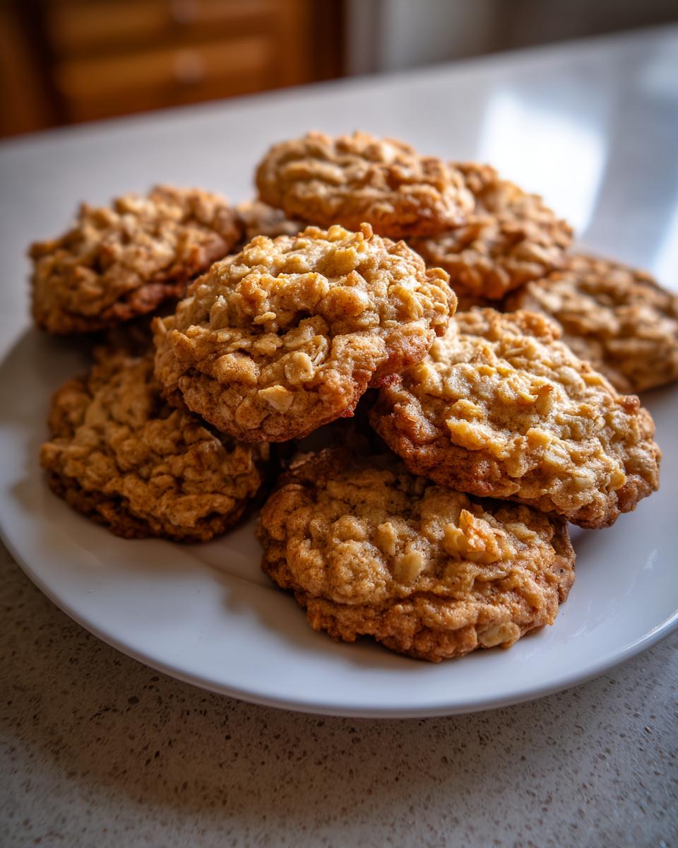 A close-up, appetizing stack of freshly baked oatmeal cookies piled high on a white plate.