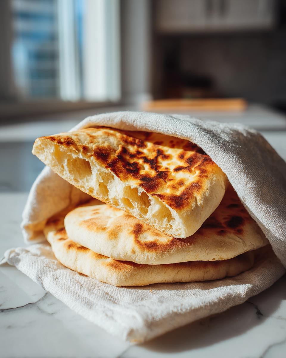 A stack of warm, freshly baked pita bread wrapped in a white cloth, with one piece split open showing its fluffy interior.