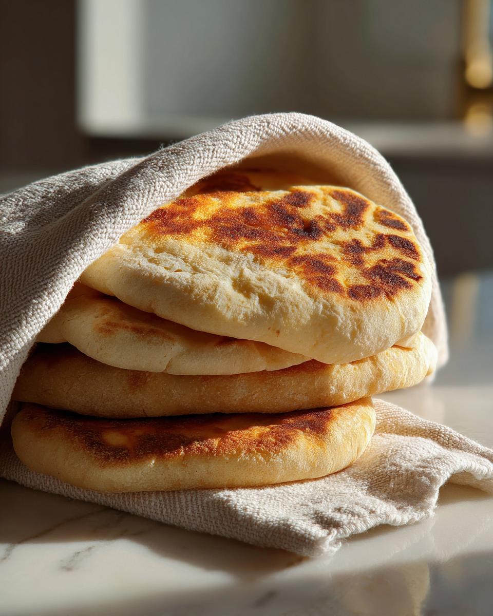 A stack of freshly cooked, golden-brown pita bread wrapped partially in a beige linen cloth.