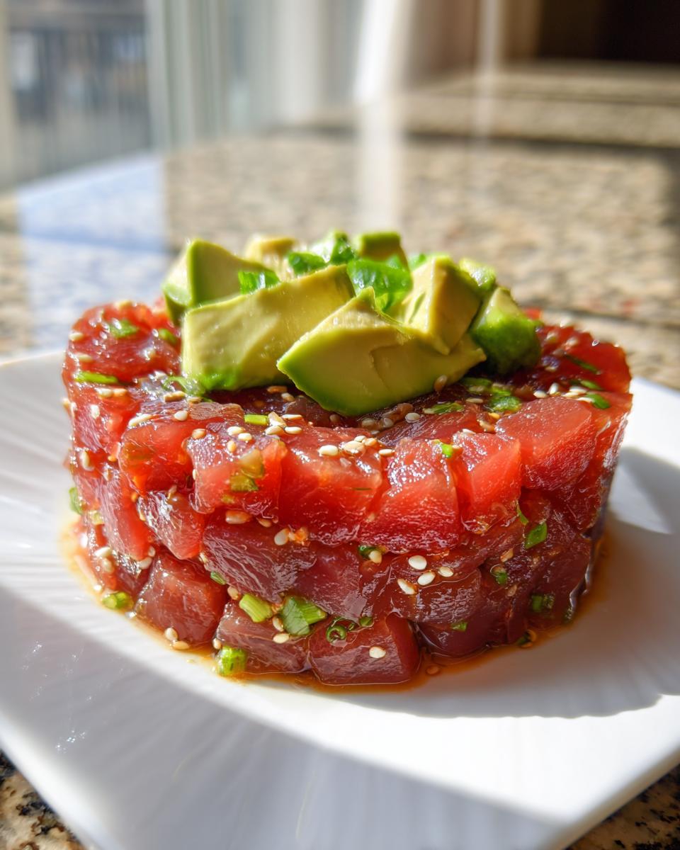 A beautifully molded tower of fresh tuna tartare, topped with diced avocado and sesame seeds.