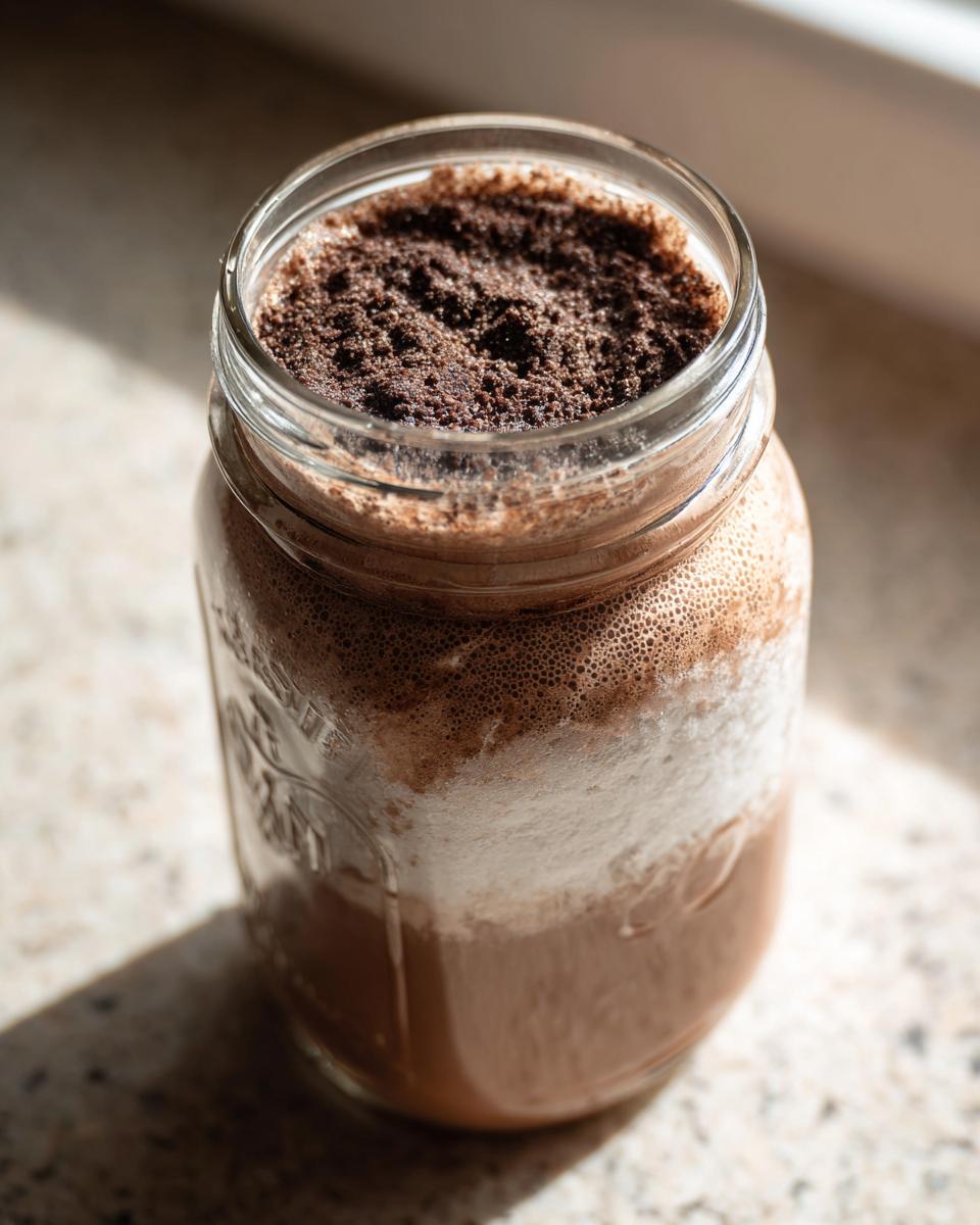 A close-up of a frothy chocolate drink made with hot cocoa mix in a glass mason jar, topped with cocoa powder.