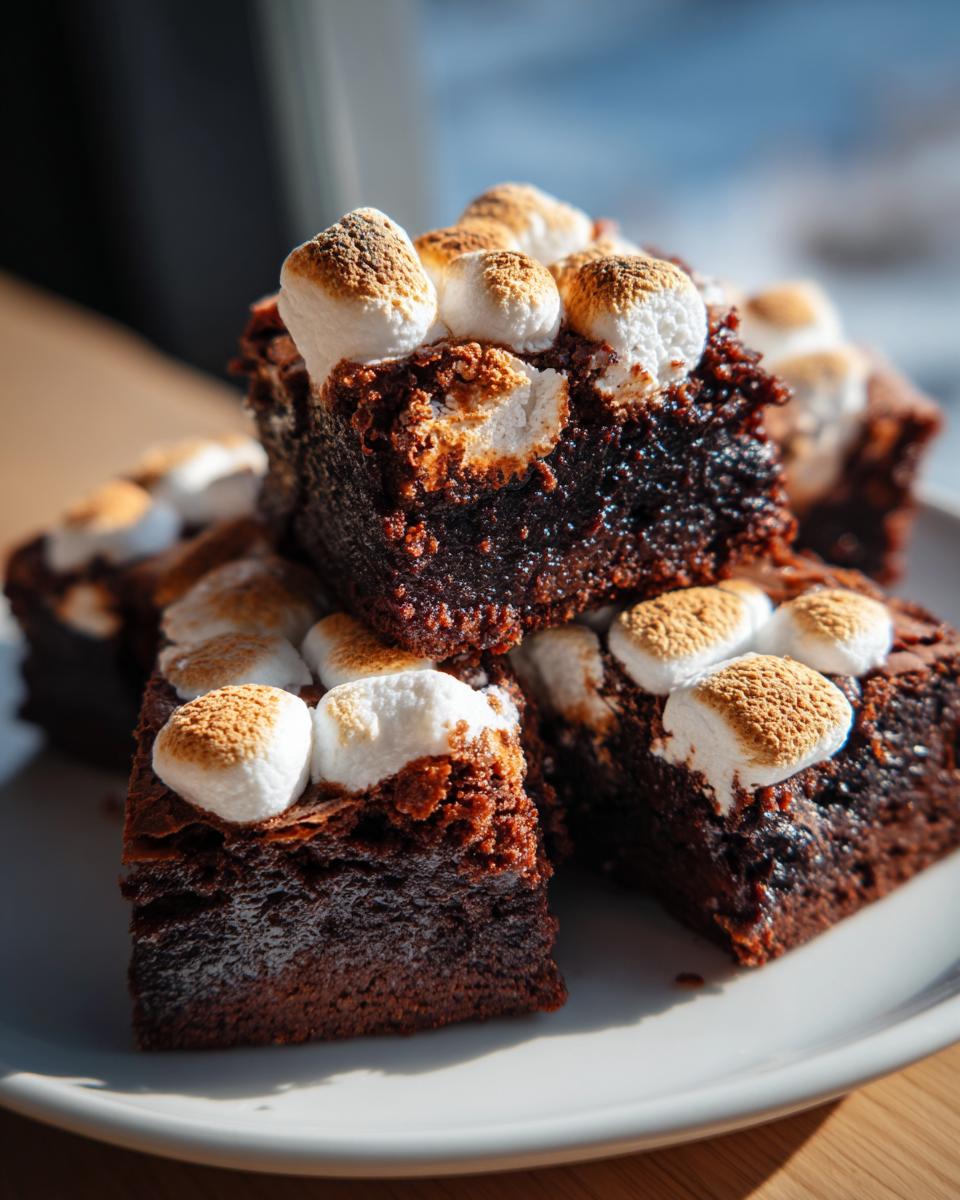 Close-up of fudgy hot chocolate brownies stacked on a plate, topped with perfectly toasted marshmallows.