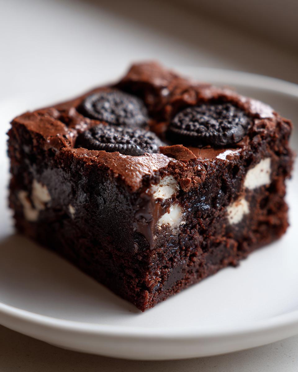 A rich, fudgy square of oreo brownies topped with whole Oreo cookies and visible white cream chunks.
