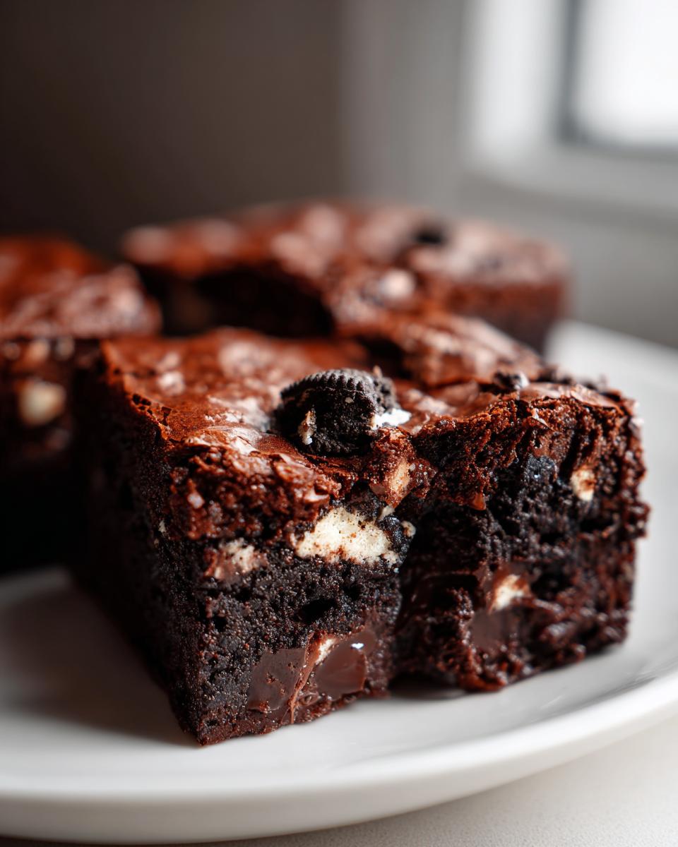 A close-up of a fudgy square of oreo brownies, showing chunks of white filling and a small Oreo piece on top.
