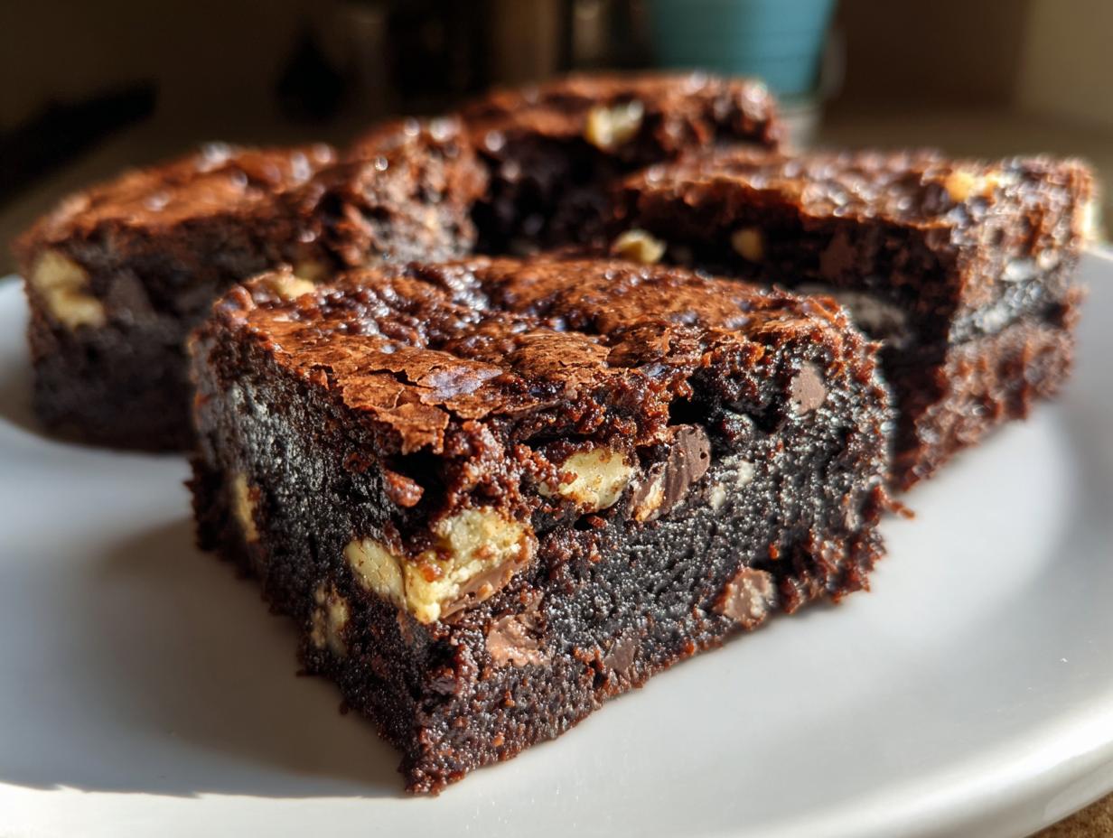 Close-up shot of fudgy Oreo brownies squares showing a shiny, cracked top and visible chunks of Oreo pieces inside.
