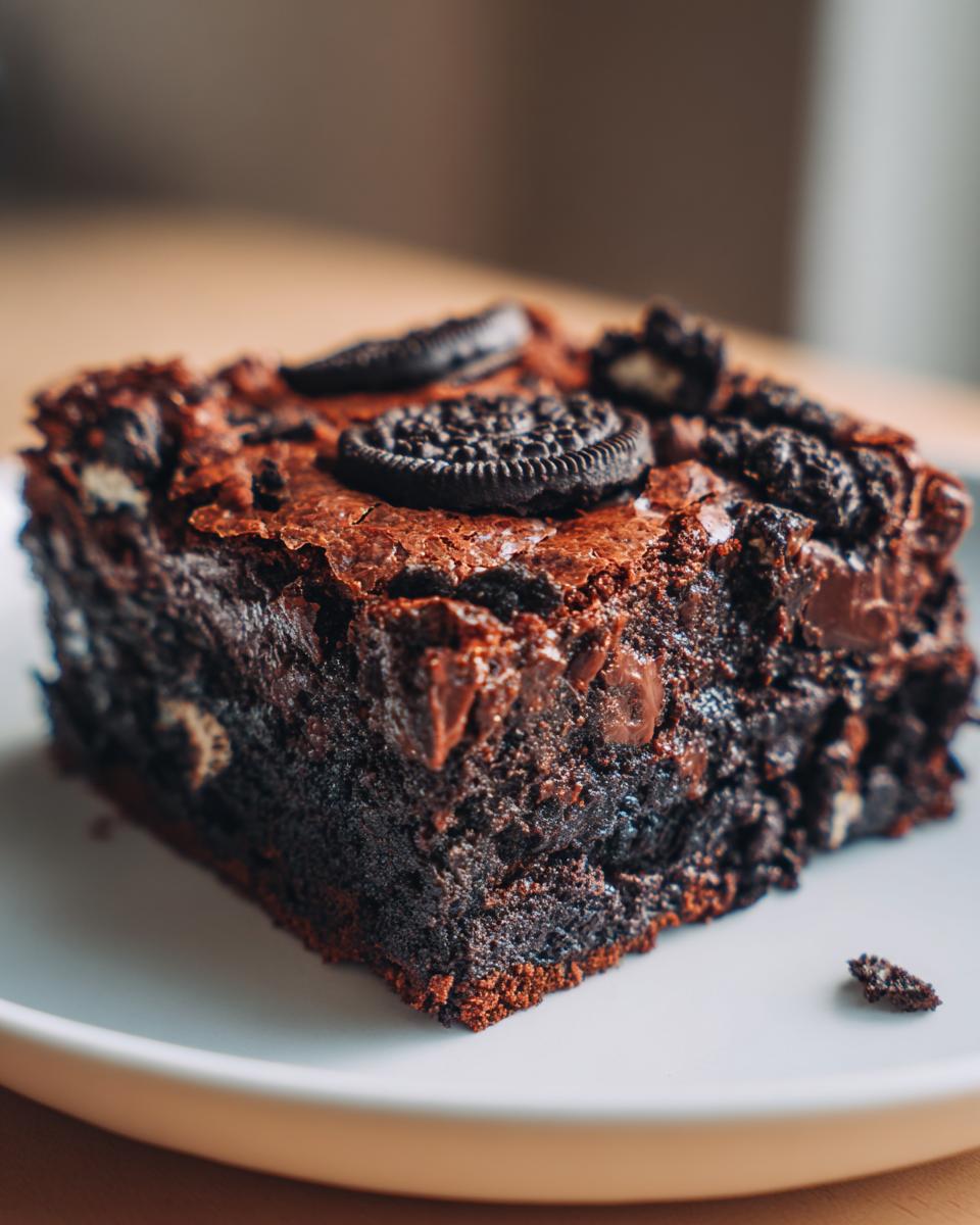 A single, rich, fudgy square of oreo brownies topped with whole and crushed Oreo cookies.