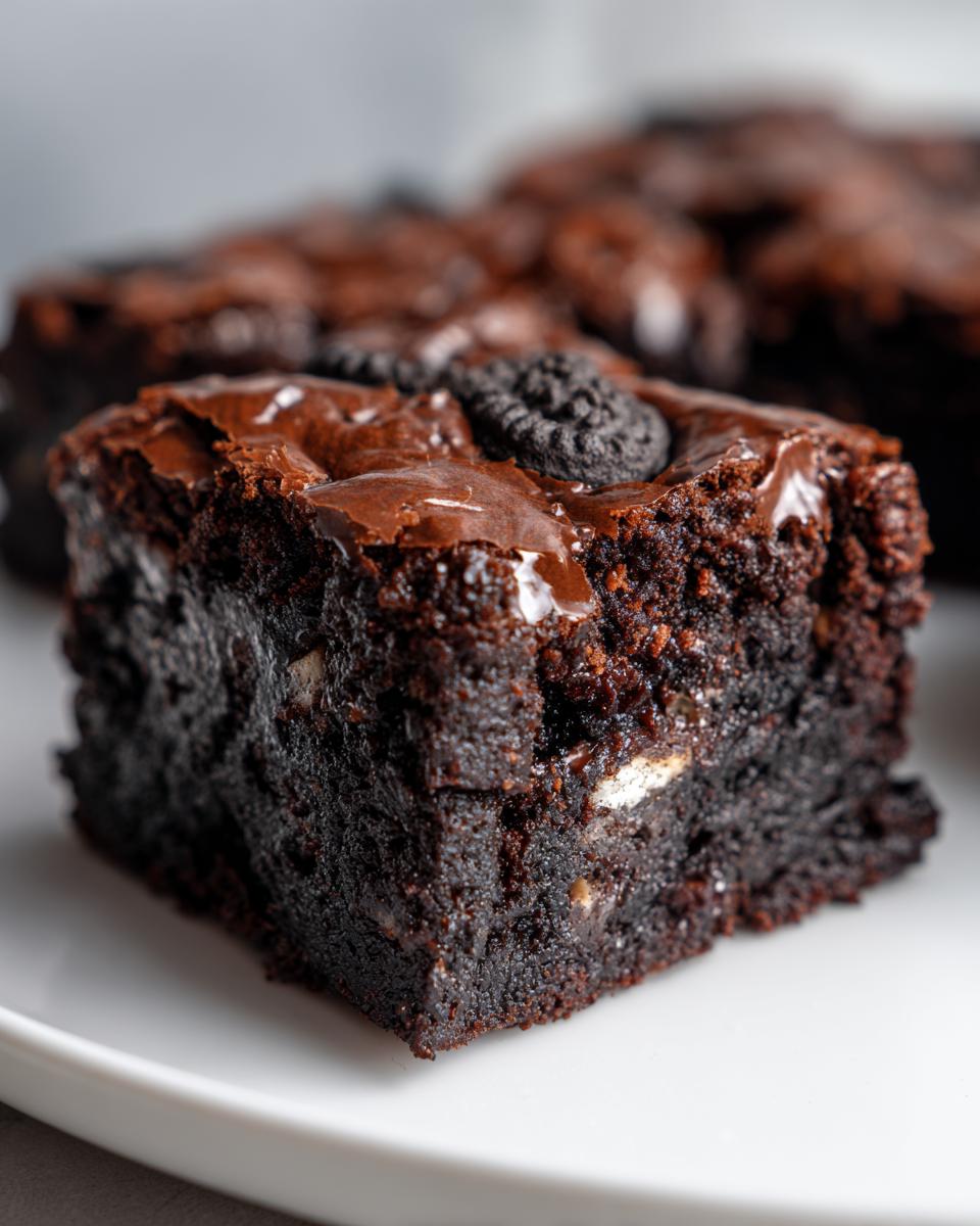 Close-up of a rich, fudgy square of Oreo brownies topped with a whole mini Oreo cookie.
