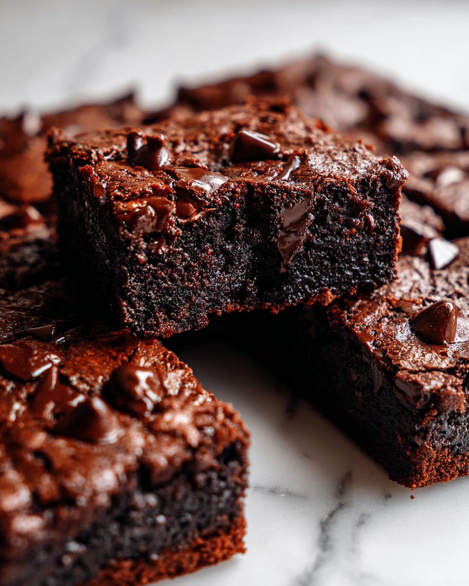 Close-up of rich, fudgy sweet potato brownies topped with melted chocolate chips on a white marble surface.