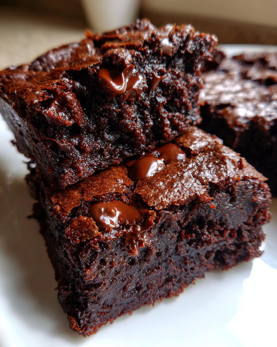 Close-up of two fudgy sweet potato brownies stacked, showing melted chocolate chips and a rich, dark texture.