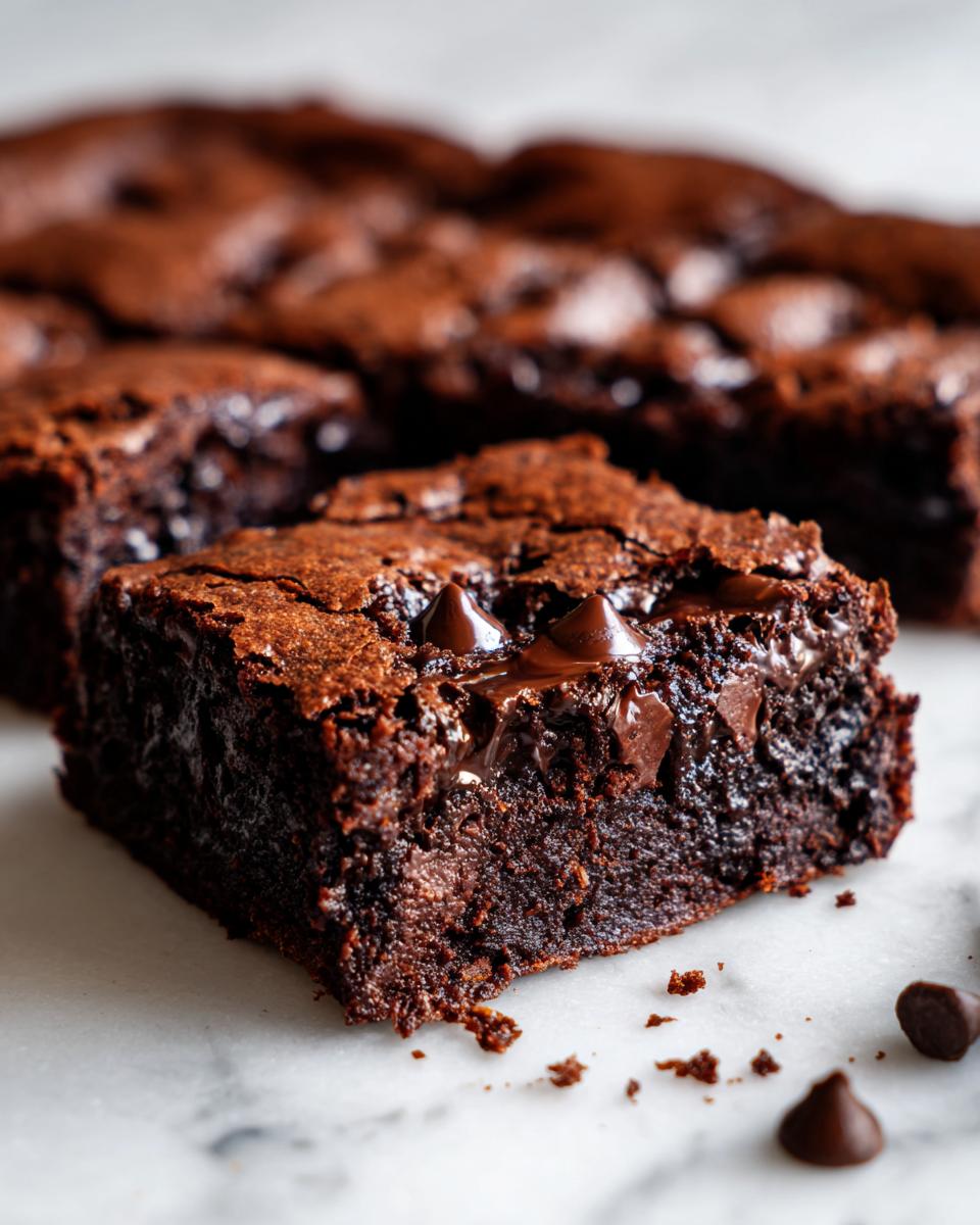 A close-up of a fudgy square of sweet potato brownies topped with melted chocolate chips.