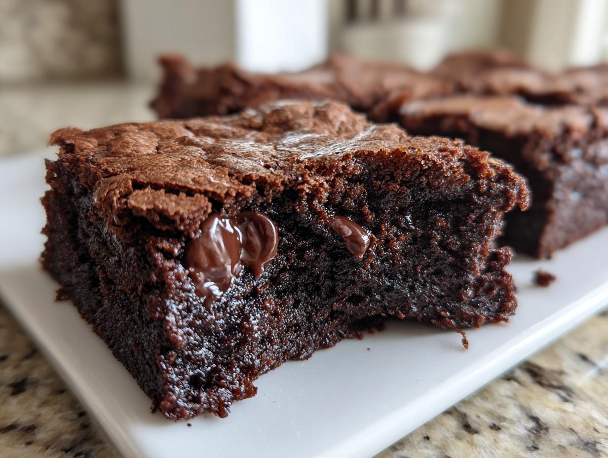 Close-up of a fudgy, dark chocolate sweet potato brownies slice showing melted chocolate chips.