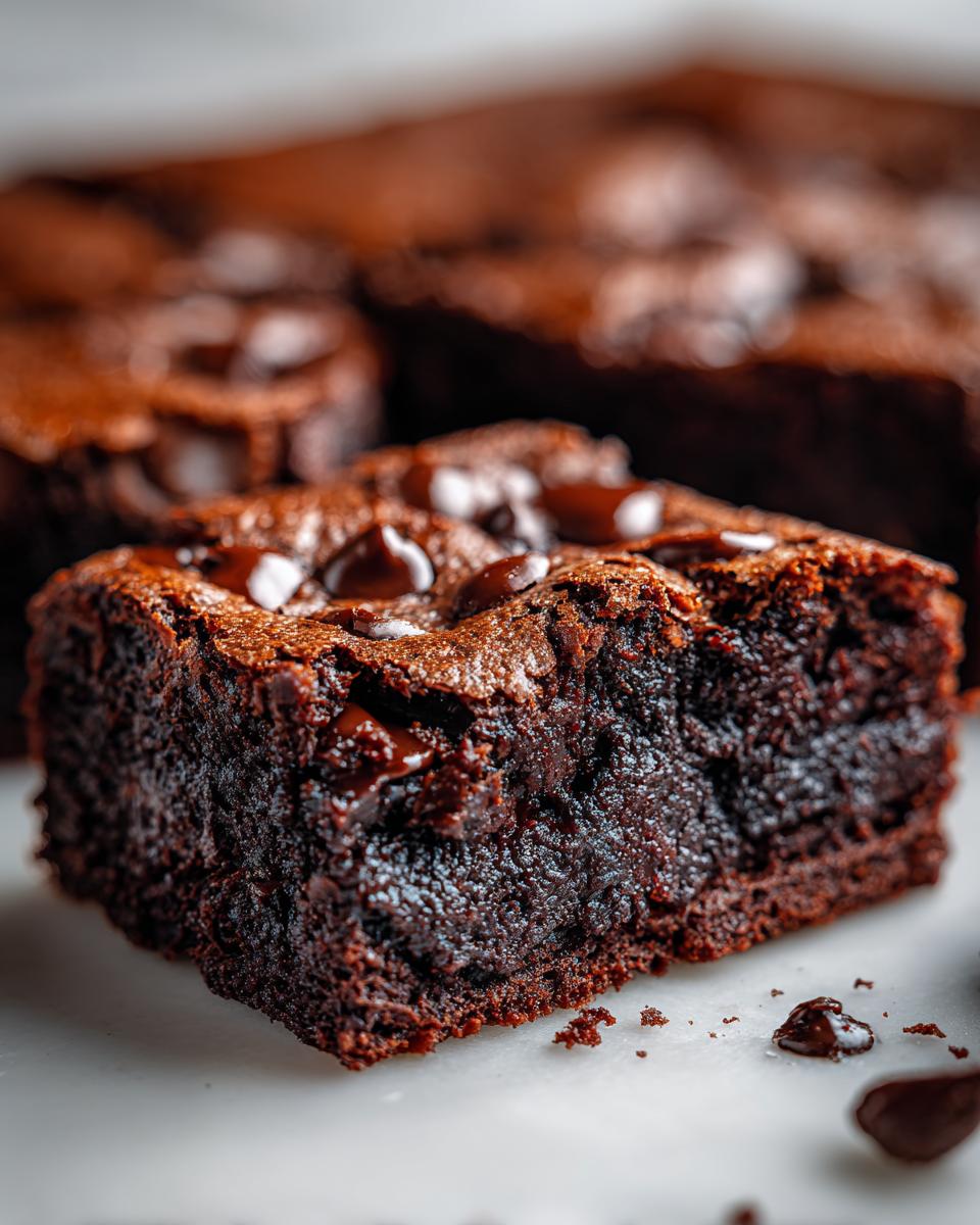 Close-up of a fudgy, rich slice of sweet potato brownies topped with melted chocolate chips.