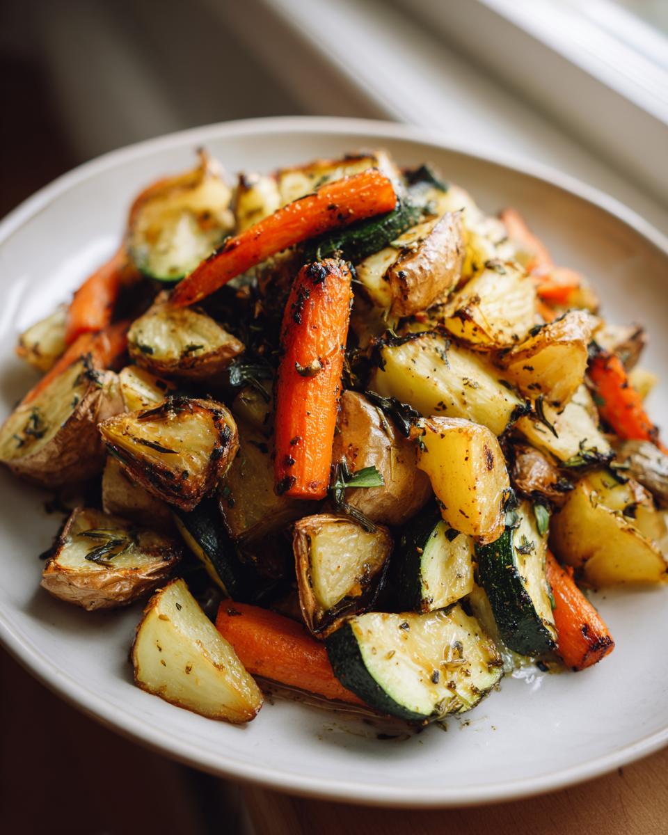 Close-up of roasted potatoes, carrots, and zucchini seasoned for Garlic Herb Roasted Veggies on a white plate.