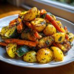 A close-up of perfectly roasted Garlic Herb Roasted Veggies including potatoes, carrots, and zucchini, seasoned with herbs.