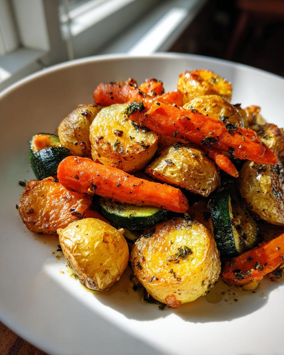 Close-up of roasted potatoes, carrots, and zucchini coated in herbs, showcasing the amazing Garlic Herb Roasted Veggies.