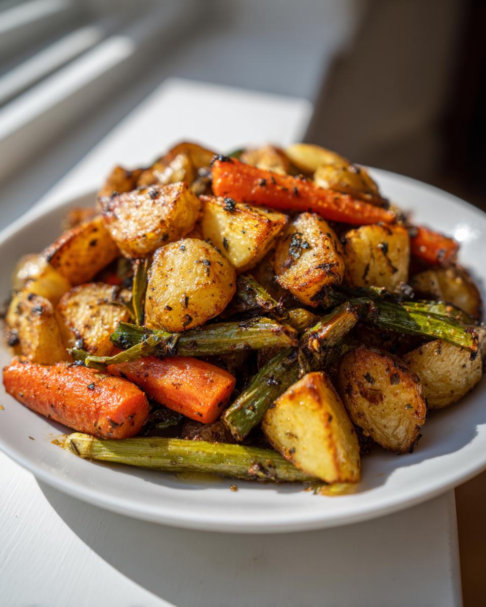 A close-up of perfectly roasted potatoes, carrots, and asparagus seasoned with herbs, showcasing the amazing Garlic Herb Roasted Veggies.