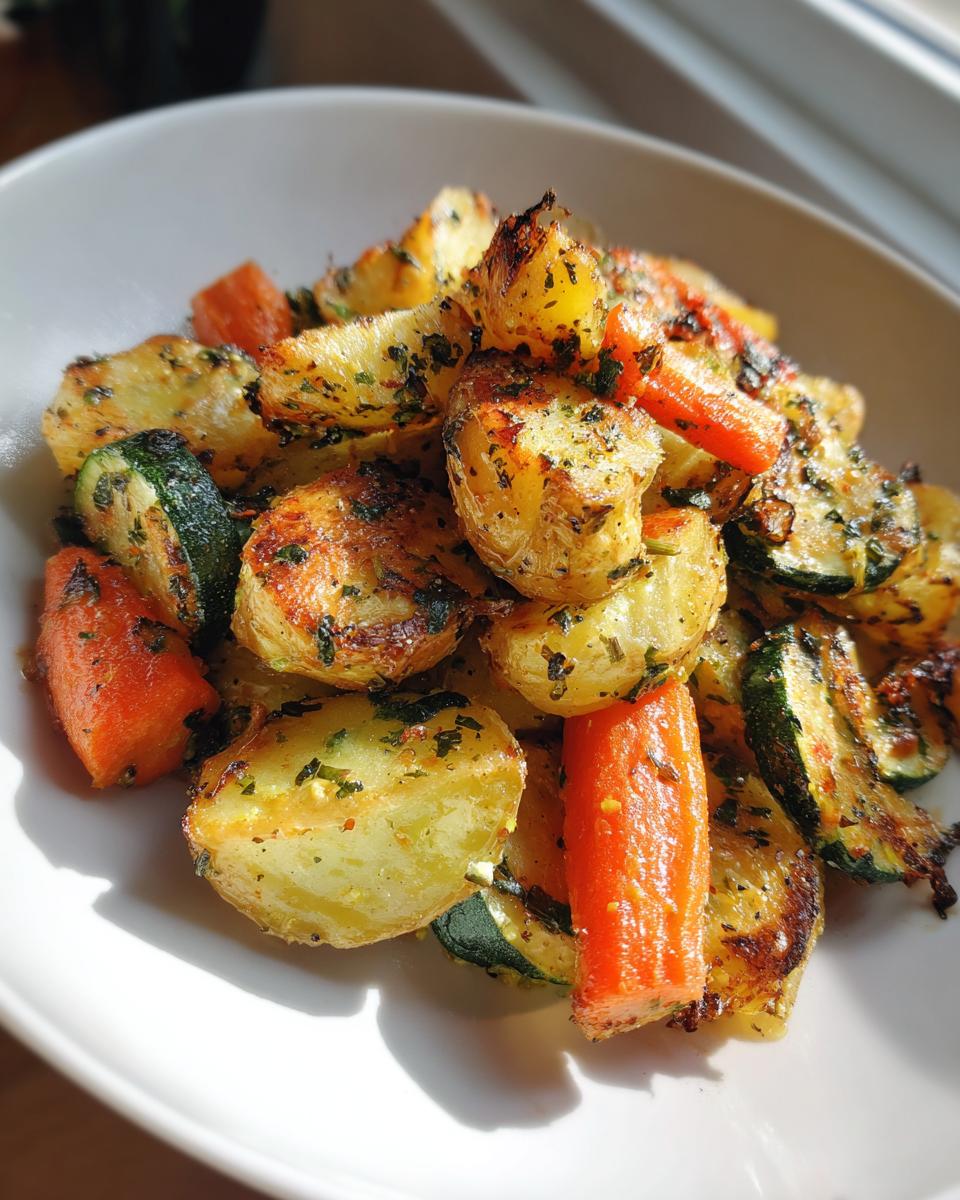 Close-up of golden brown Garlic Herb Roasted Veggies, including potatoes, carrots, and zucchini, seasoned with herbs.