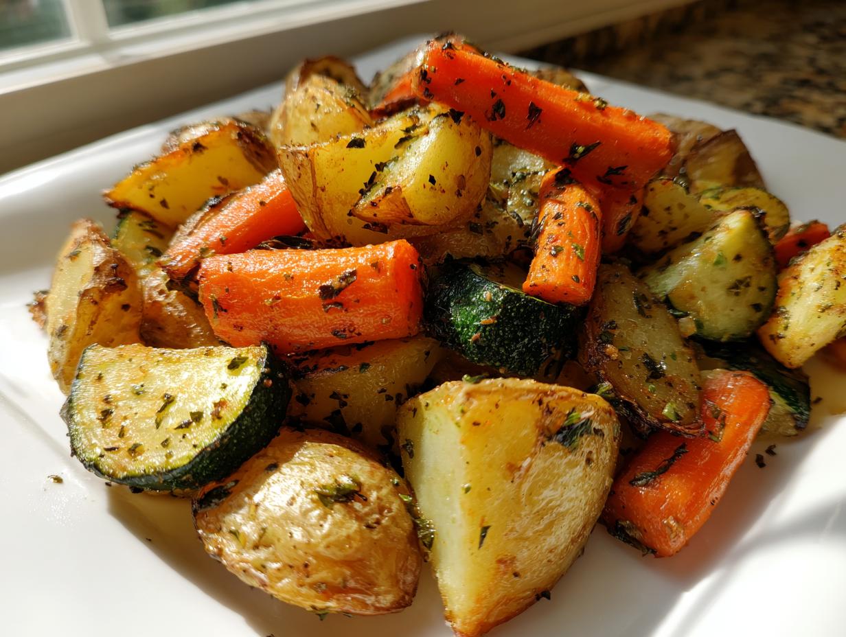 Close-up of perfectly roasted potatoes, carrots, and zucchini seasoned with herbs for Garlic Herb Roasted Veggies.