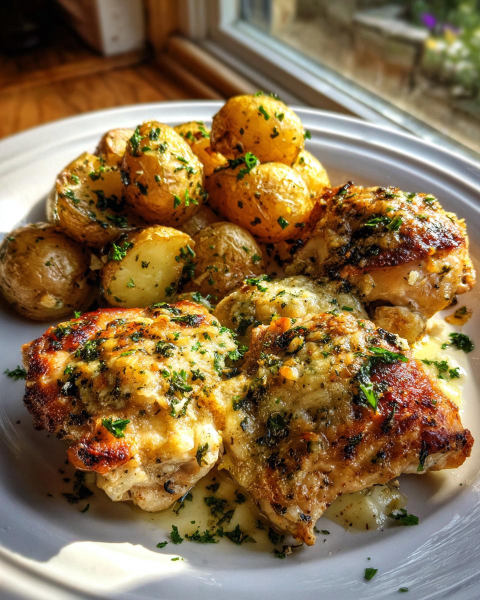 Close-up of golden brown garlic parmesan chicken and roasted potatoes garnished with parsley.