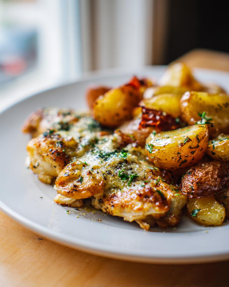 Close-up of cheesy garlic parmesan chicken and roasted potatoes served on a white plate.
