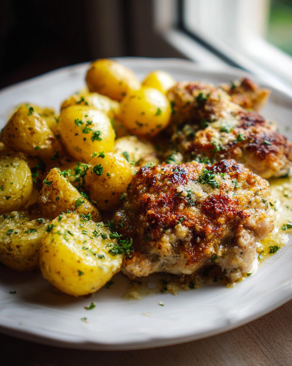 Close-up of juicy garlic parmesan chicken and potatoes, topped with melted cheese and fresh parsley.