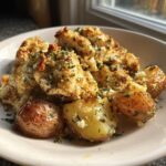 Close-up of baked garlic parmesan chicken and potatoes topped with herbs and cheese.